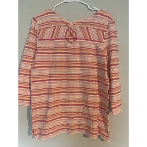 T by TALBOTS Size Med Pink Orange Cotton Striped Keyhole Back Top NWT - Picture 2 of 9